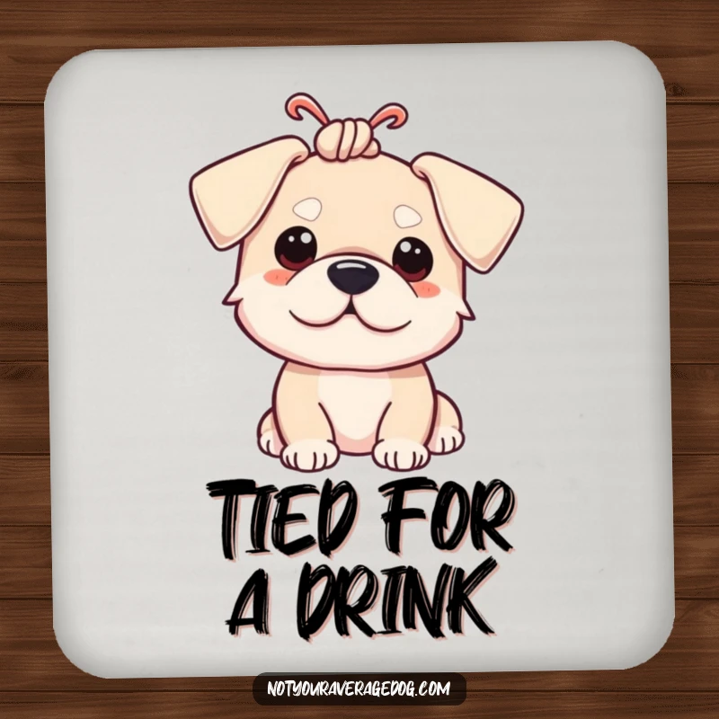 Funny drink coaster featuring a dog with its ears tied in a comical knot, adding humor.