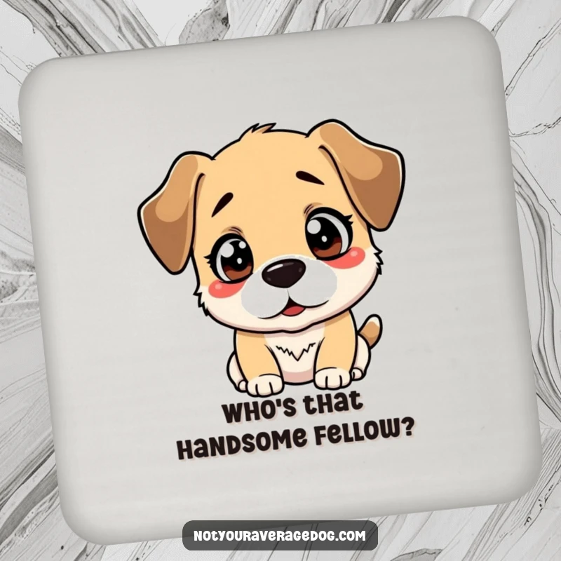 Funny drink coaster with a bewildered dog's face staring at its reflection, a humorous addition to any table.