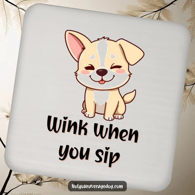 Funny dog coaster showing a silly dog with one ear flopped and a mischievous wink, perfect for protecting surfaces.