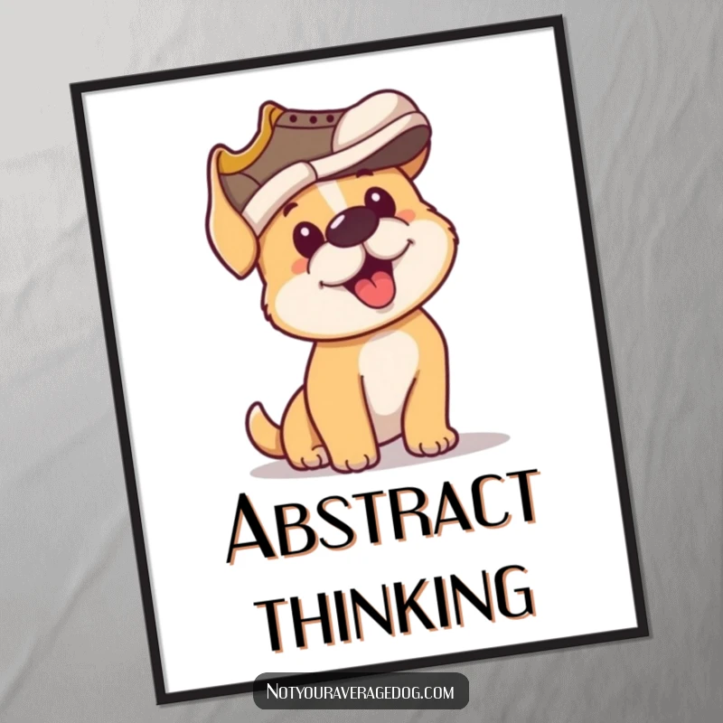 Funny poster art of a dog with great determination trying to wear a shoe as a hat, a comical fashion statement.