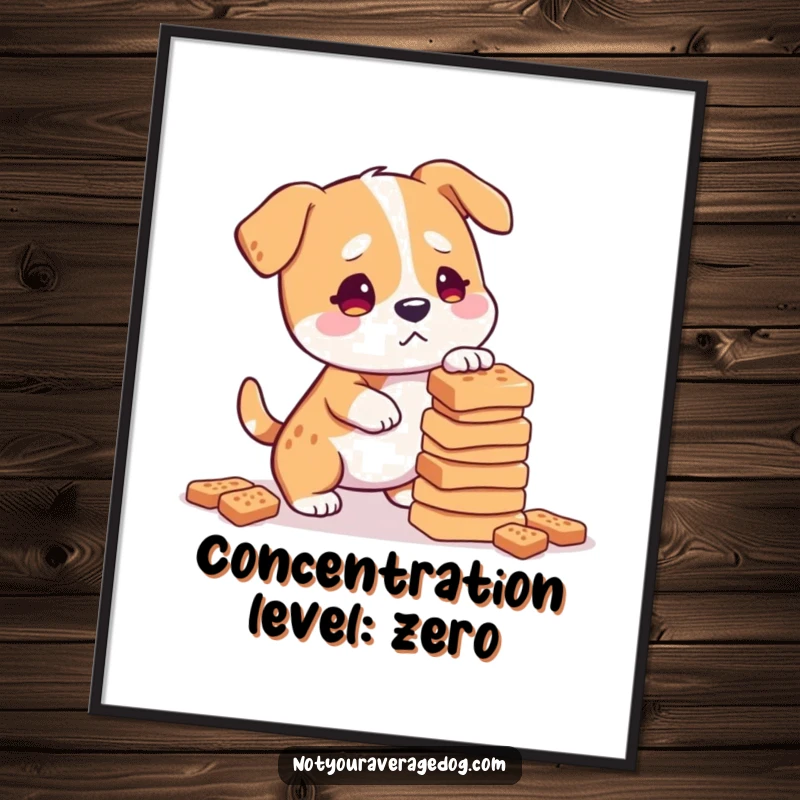 Funny confused dog attempting to balance a huge stack of dog treats, as poster art.