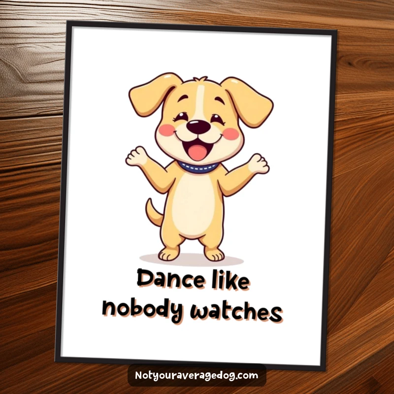 Funny poster print of a dog character dancing energetically with its floppy ears flying, a humorous piece of wall art.