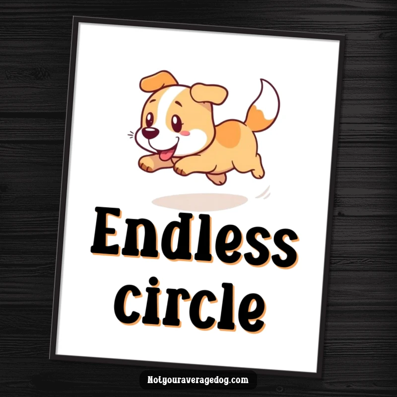 Funny art print of a dog in a comical, dizzying spin chasing its tail, perfect for walls.