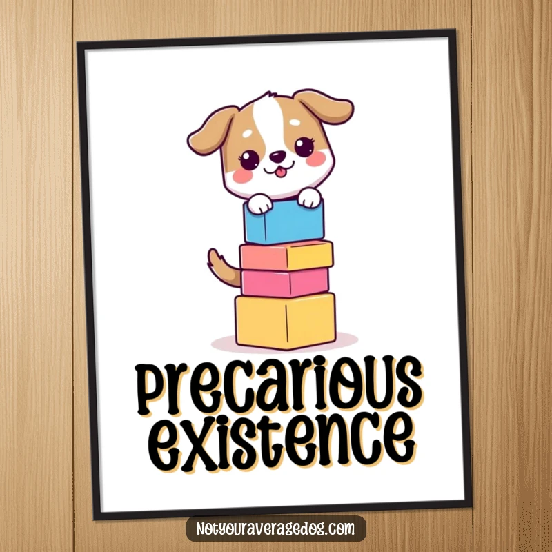 Funny Balancing Dog Poster: Dog precariously balancing a tall stack of colorful blocks, conveying focus and humor.