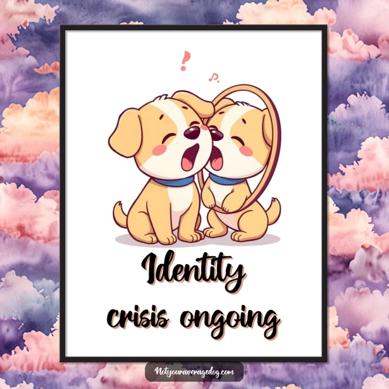 Funny poster print of a dog barking in confusion at its own reflection, creating a humorous visual narrative.