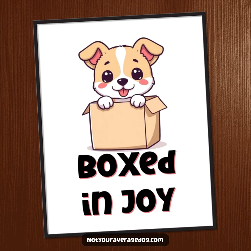 Funny poster art of a dog’s head hilariously stuck in a ridiculously small box, capturing a moment of canine absurdity.