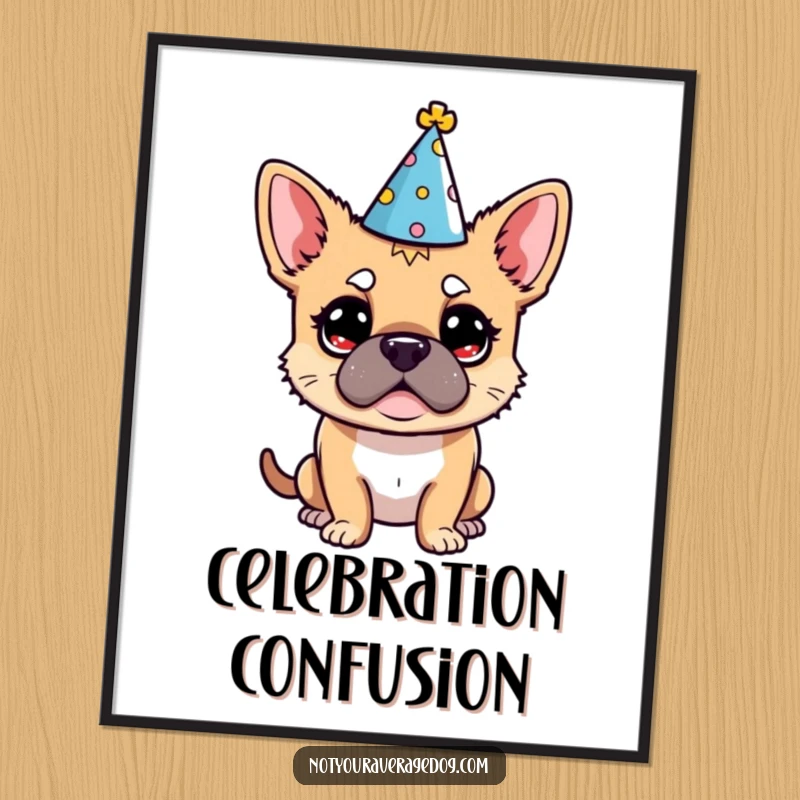 Funny Dog Party Hat Poster: A dog's bewildered expression while wearing a small, festive party hat.