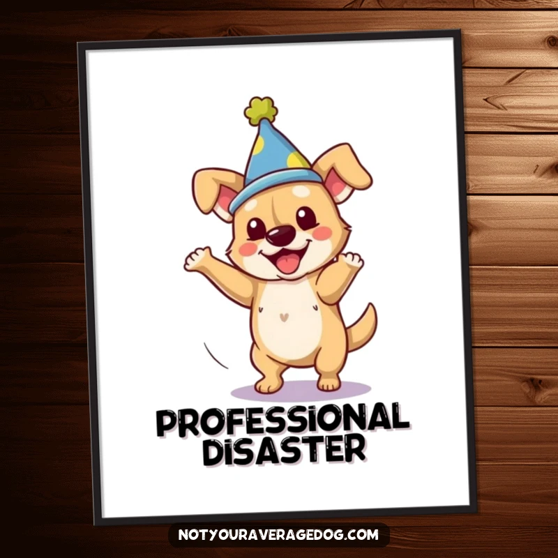 Funny dog in a silly hat executing a clumsy spin, designed as humorous poster art.