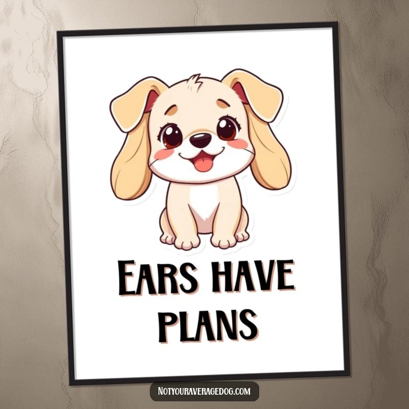 Funny dog poster capturing a joyful dog mid-play, its oversized ears creating a comical silhouette against a bright background.