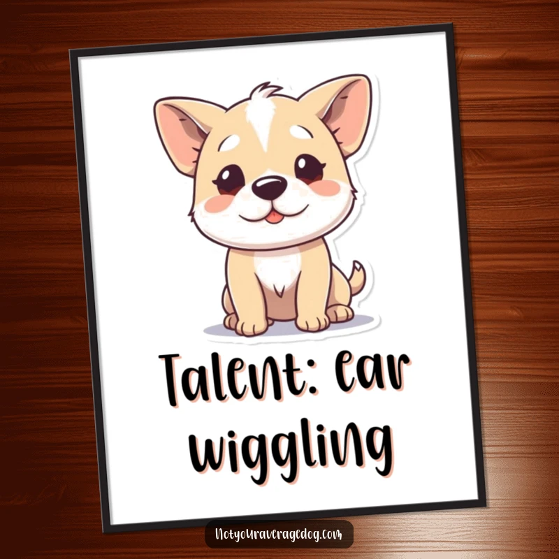 Funny poster print of a dog character wiggling its ears independently, a unique and humorous piece of wall art.