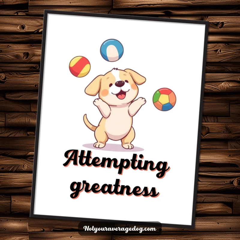 Funny dog character attempting to juggle three mismatched, brightly colored balls, a humorous and vibrant poster for walls.