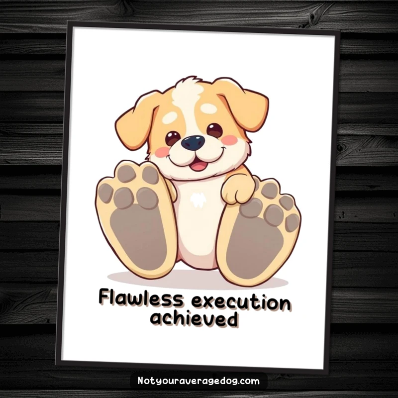 Funny tripping dog poster, a silly dog hilariously tripping over its own large paws, a comical scene.