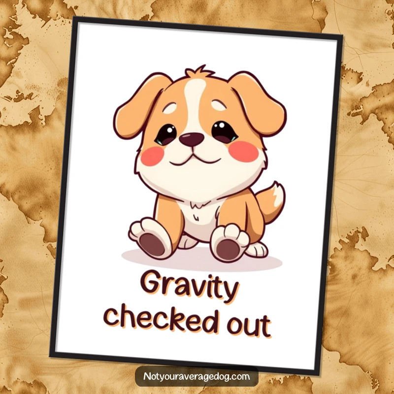 Funny dog poster showing a character tripping over its own feet with a hilariously comical expression.