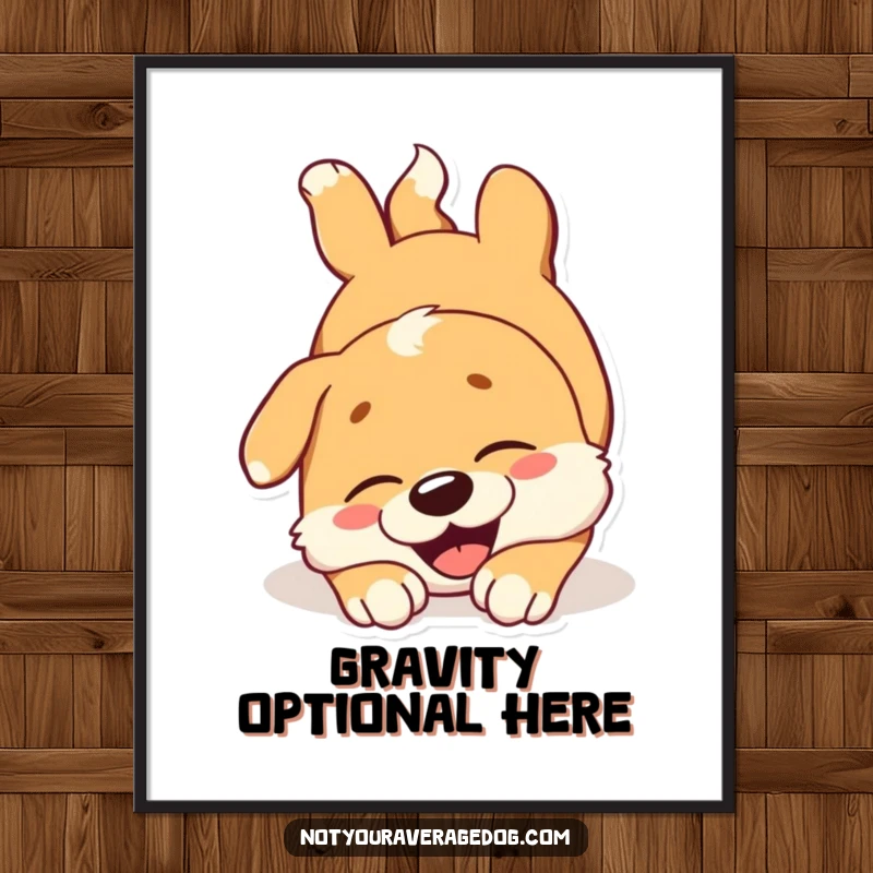 Funny dog poster depicting a dog tumbling head over paws with a joyous expression, bringing energetic happiness to any room.