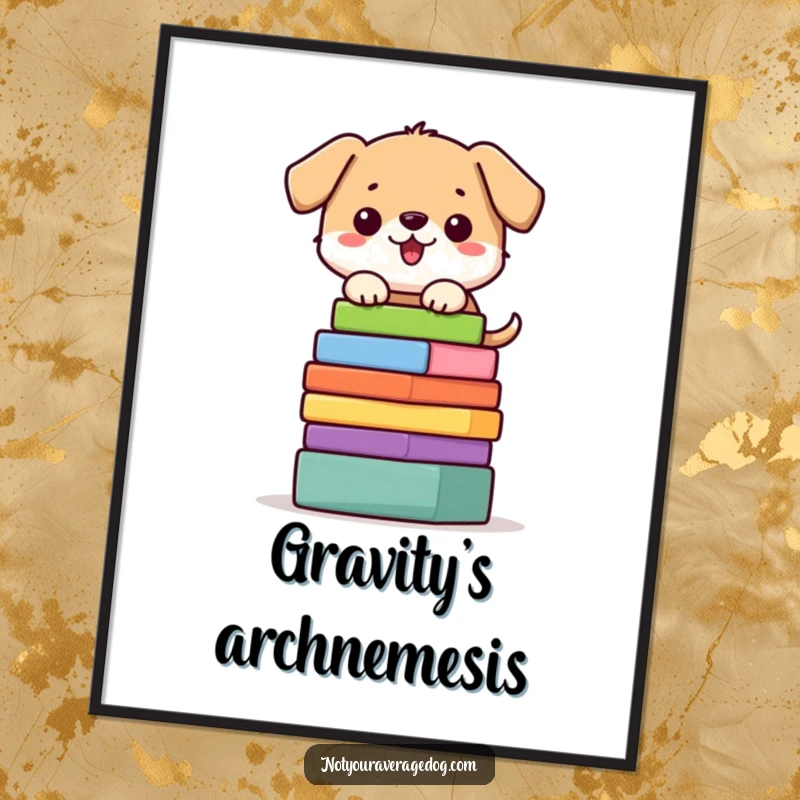 Funny dog poster showing a character precariously balancing a stack of colorful blocks, adding artistic whimsy.