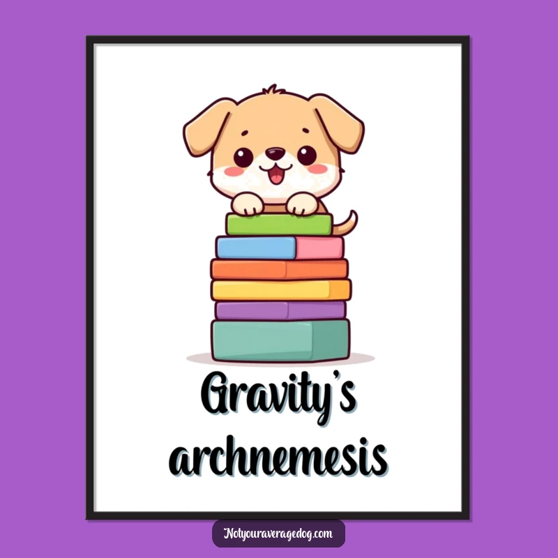 Funny Dog Block Tower Poster - Balancing Act Wall Art, Quirky Decor Gift