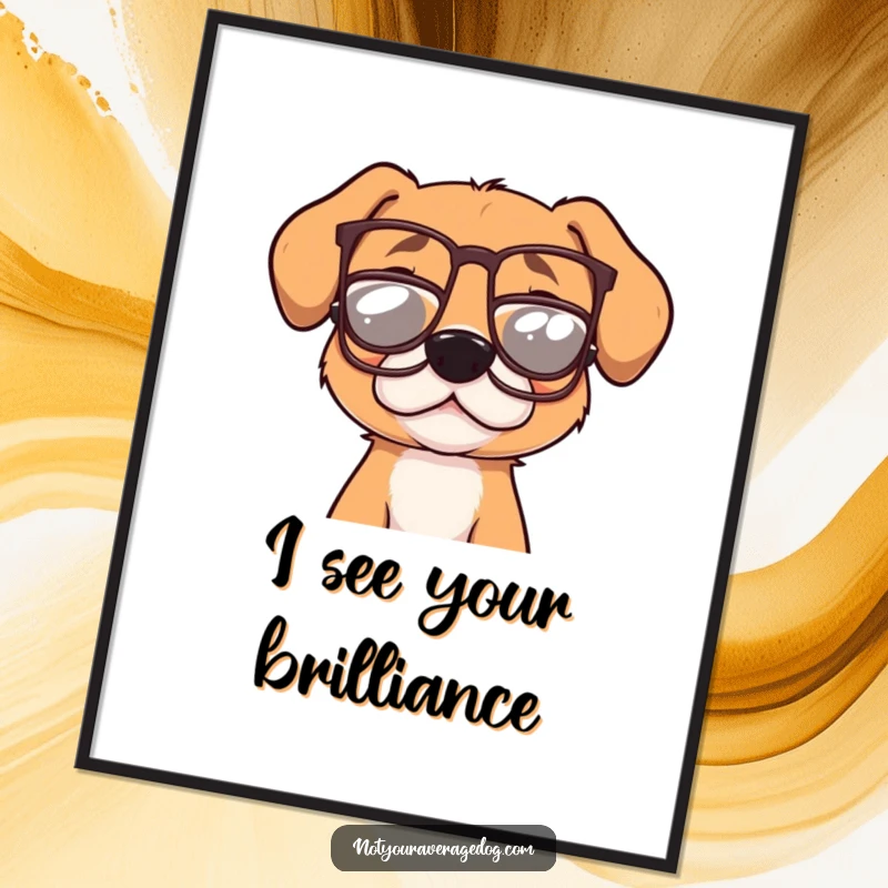 Funny dog with tiny, crooked glasses on a poster, a close-up of its adorable, confused face, perfect wall decor.