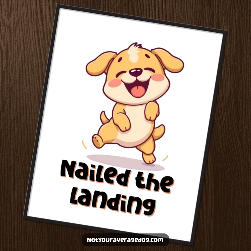 Funny poster of a dog enthusiastically failing a simple jump, captured in a comical moment.