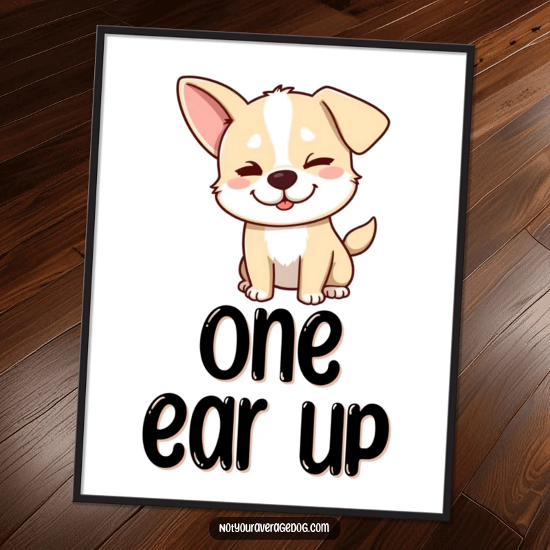 Funny dog poster showing a silly dog with one ear flopped and a mischievous wink, adding playful charm to decor.