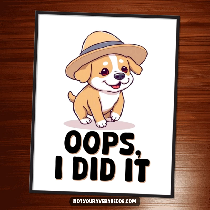 Funny dog character wearing a comically oversized hat and tripping over its paws, a humorous and vibrant poster for walls.