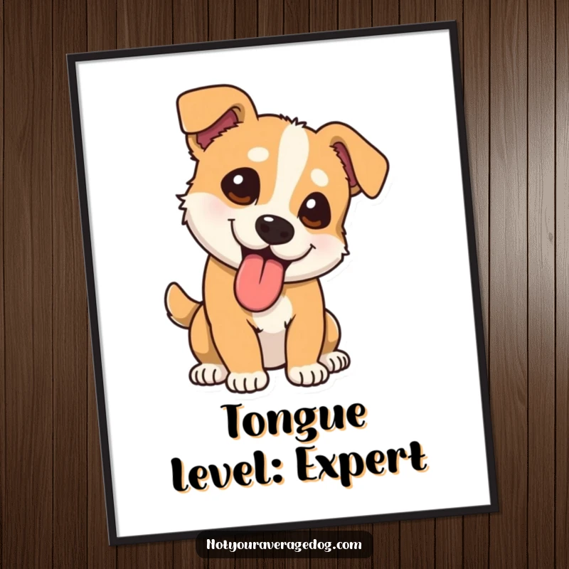 Funny dog poster depicting a dog with tongue lolling out at a comical angle, bringing a humorous and artistic touch.