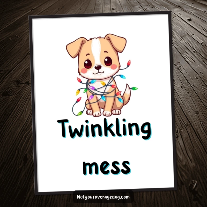 Funny poster art of a dog hilariously tangled in a colorful string of Christmas lights, creating a festive and humorous scene.