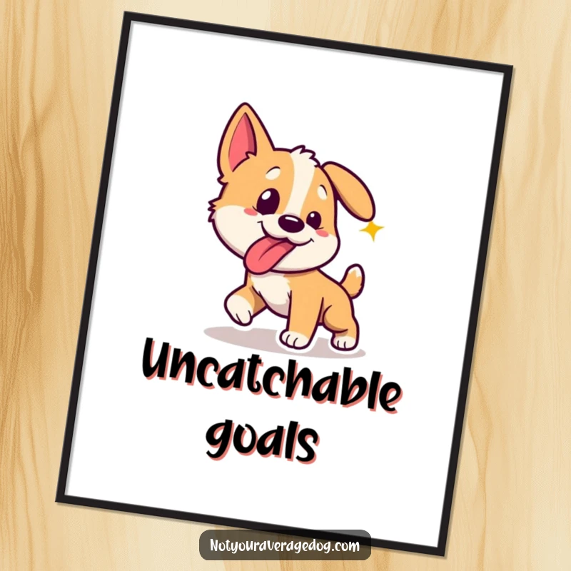 Funny dog with tongue sticking out sideways, chasing a laser dot, as dynamic poster art.