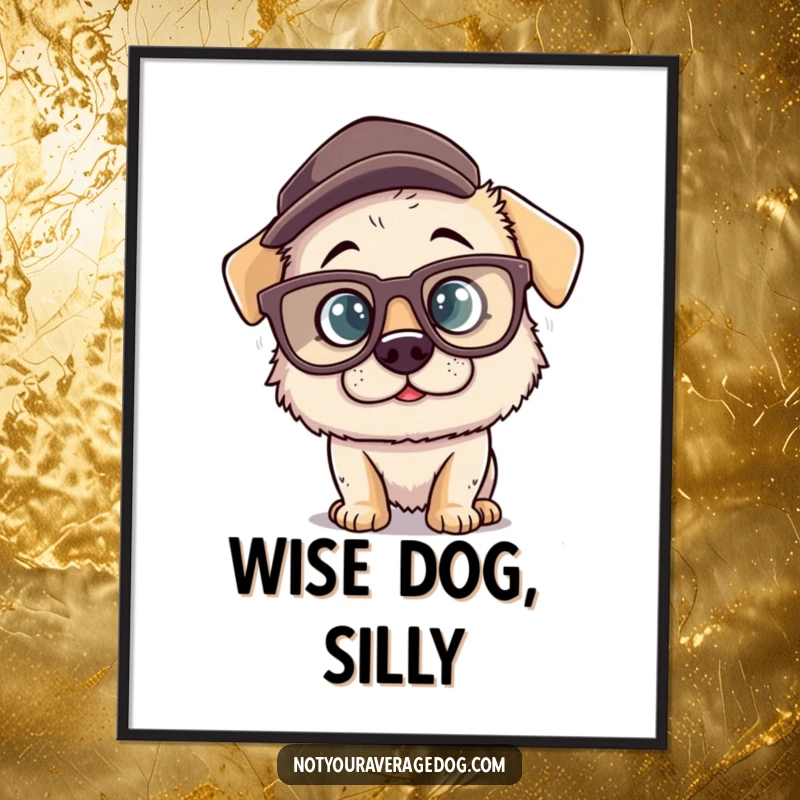 Funny poster featuring a silly dog character wearing oversized comical glasses and a misplaced hat, bringing a sense of playful charm and lighthearted animal art.
