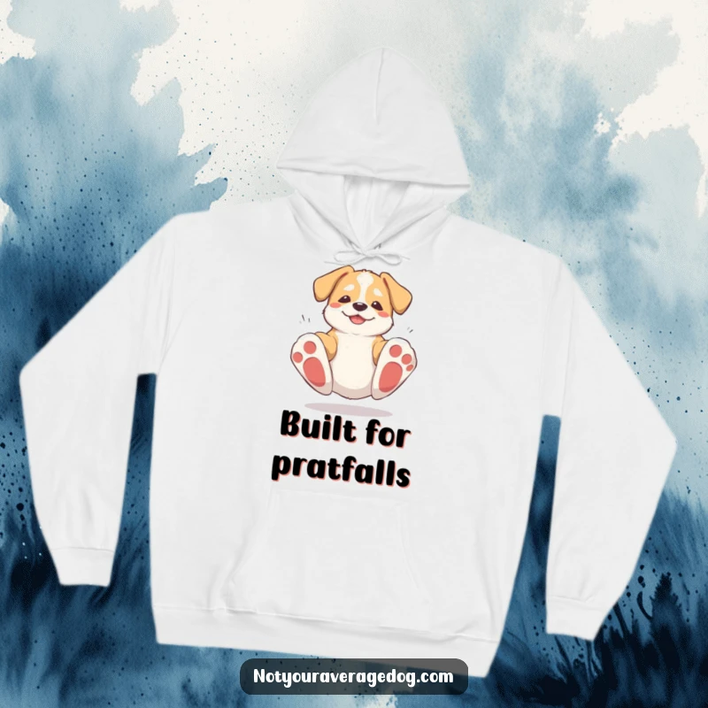 Funny dog with huge paws tripping and recovering, printed on a warm hoodie, offering comfort and humor for dog enthusiasts.