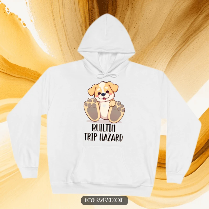 Funny tripping dog hoodie, a silly canine hilariously falling over its own enormous paws, cozy and comical.