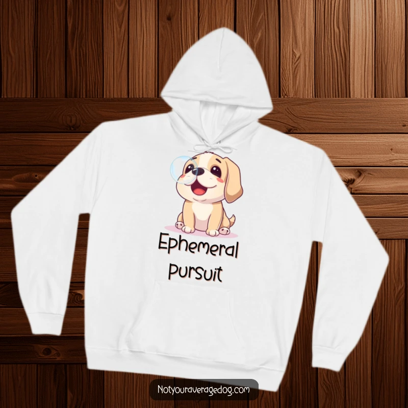 Warm hoodie with a funny illustration of a dog playfully trying to catch a soap bubble with its nose.