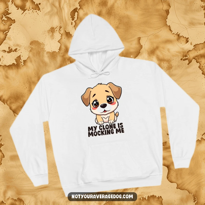 Funny hoodie featuring a bewildered dog staring at its reflection, with a comically confused and surprised expression.