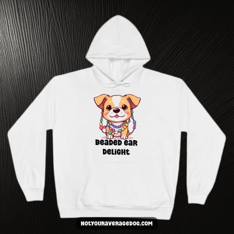 Warm hoodie featuring a dog with ears tangled in colorful beads, offering comfort and humor for pet enthusiasts.