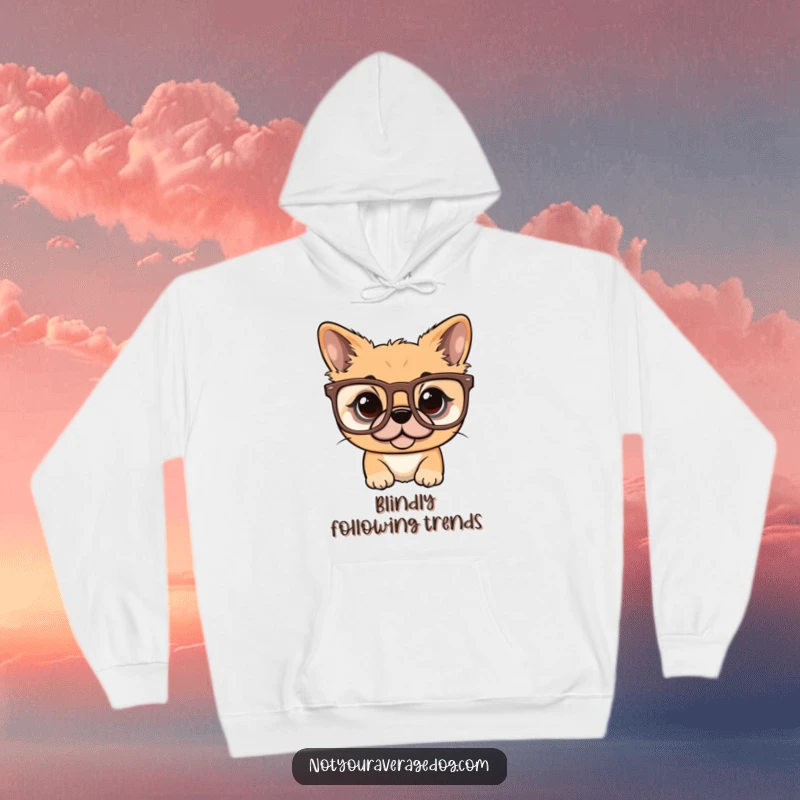 Cozy funny hoodie featuring a dog struggling to wear a pair of ridiculously oversized glasses.