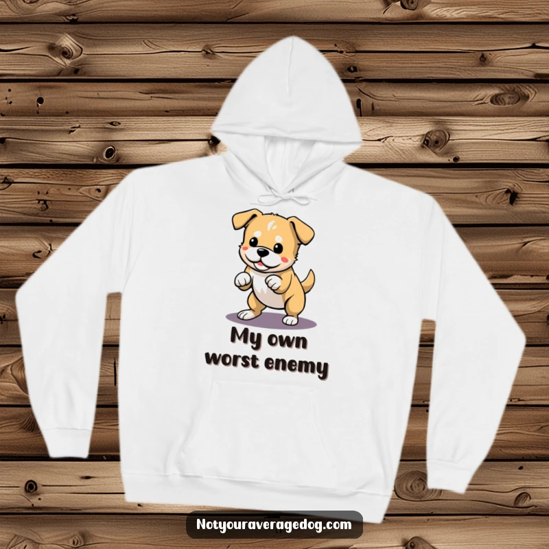 Funny hoodie featuring a dog playfully pouncing on its own shadow, highlighting the fun of outdoor adventures.