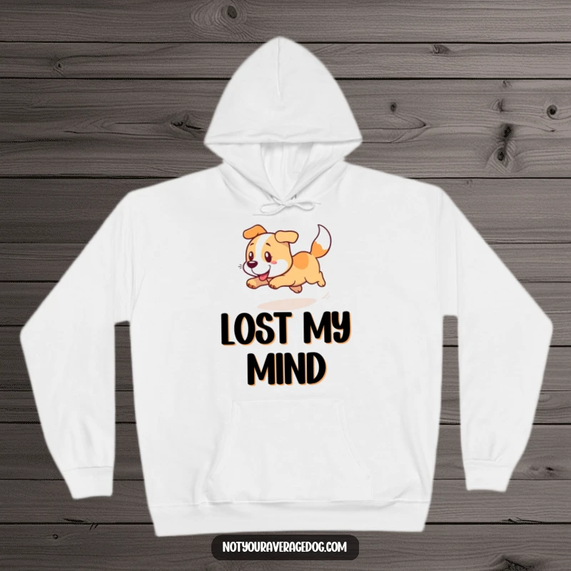 Cozy funny hoodie depicting a dog in a comical, dizzying spin, chasing its tail.