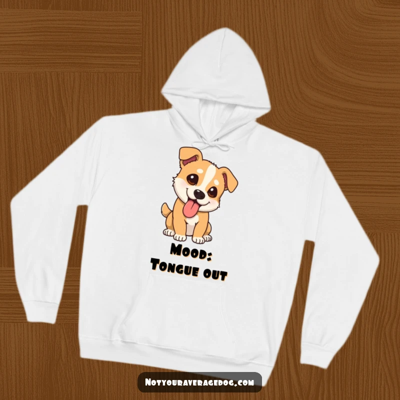 Funny dog hoodie featuring a dog with its tongue lolling out at a comical angle, perfect for cozy, humorous wear.