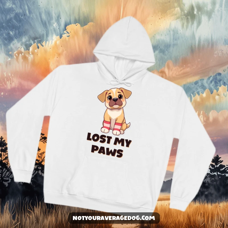 Funny Hoodie: Bewildered puppy comically wearing oversized, mismatched socks, a warm and humorous design for ultimate comfort.