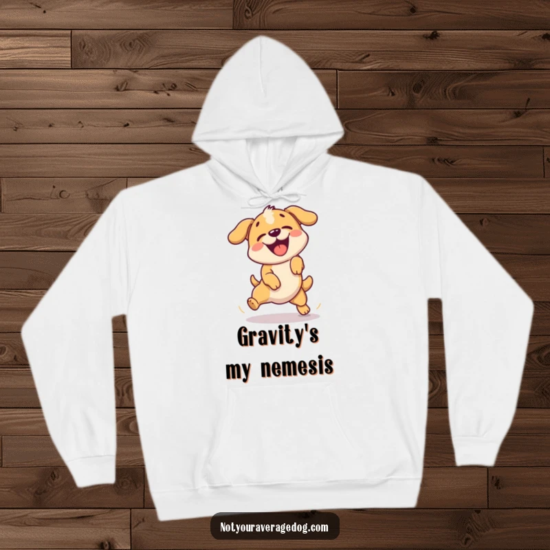 Funny hoodie depicting a dog hilariously failing to clear a simple jump with great enthusiasm.