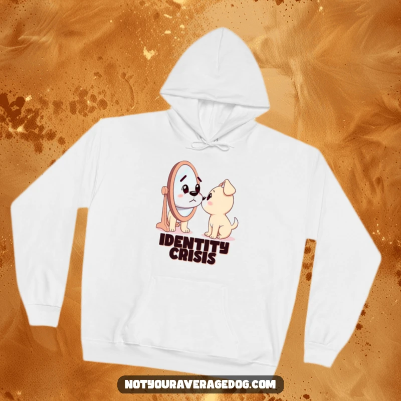 Funny hoodie showing a dog looking confusedly into a mirror, perplexed by the silly stranger it sees looking back.