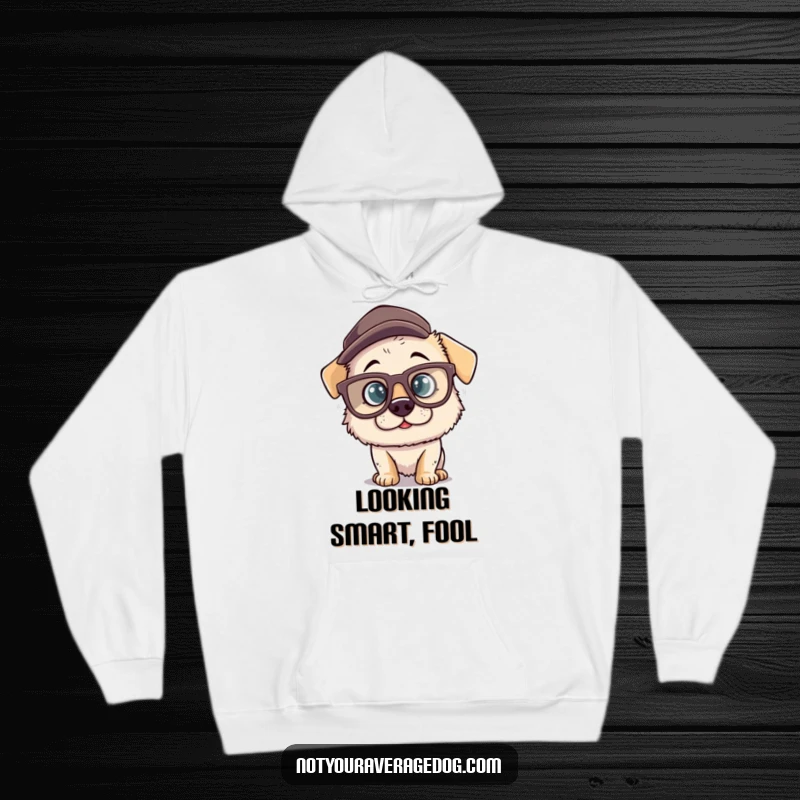 Funny hoodie depicting a silly dog character wearing oversized comical glasses and a misplaced hat, offering warmth and a dose of playful, animal-inspired humor.