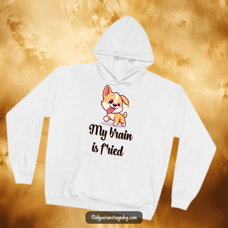 Funny dog with tongue sticking out sideways, chasing a laser dot, featured on a cozy hoodie.