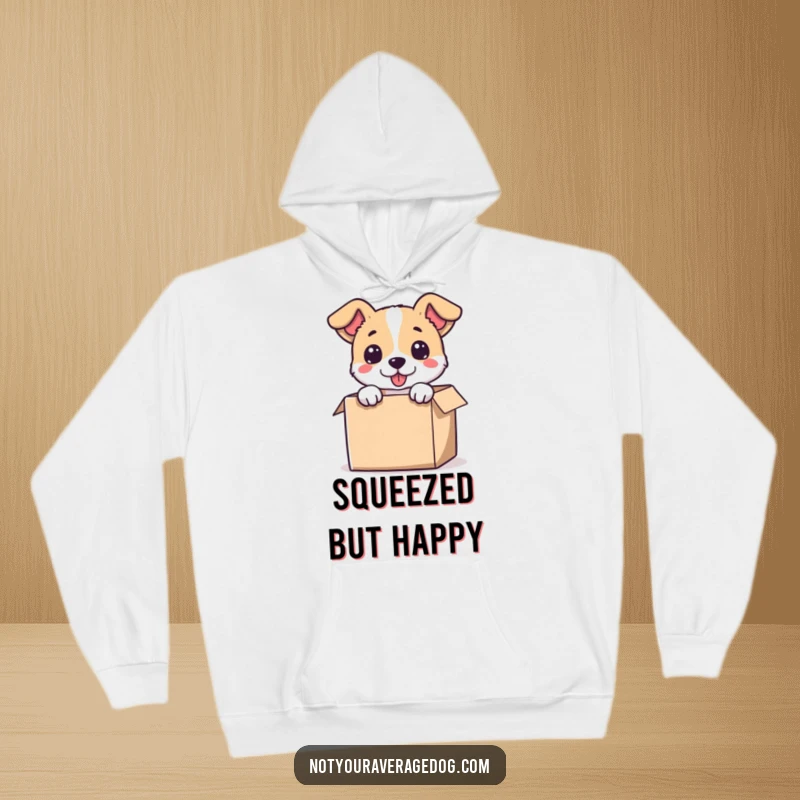 Funny hoodie featuring a dog’s head poking out of a comically small box, offering comfort and humorous doggy charm.