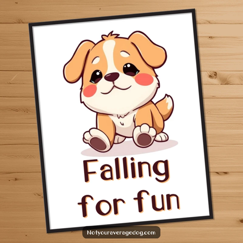 Funny Free Printable Wall Art: Dog tripping over its own feet with a comical expression, a humorous and relatable piece of art.