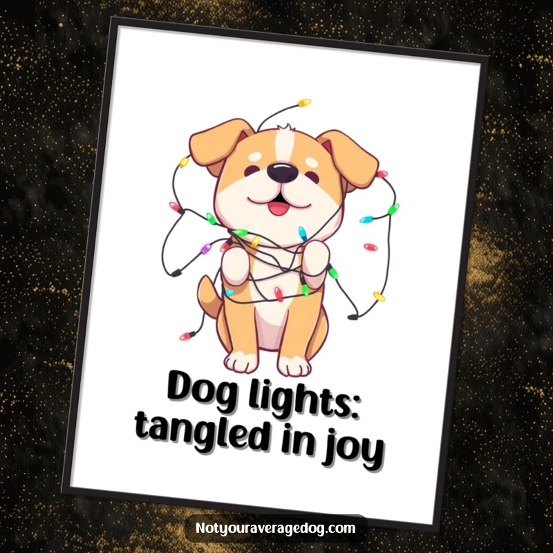Funny Free Printable Wall Art: A dog playfully tangled in colorful lights brings festive humor and pet-centric charm to your decor.