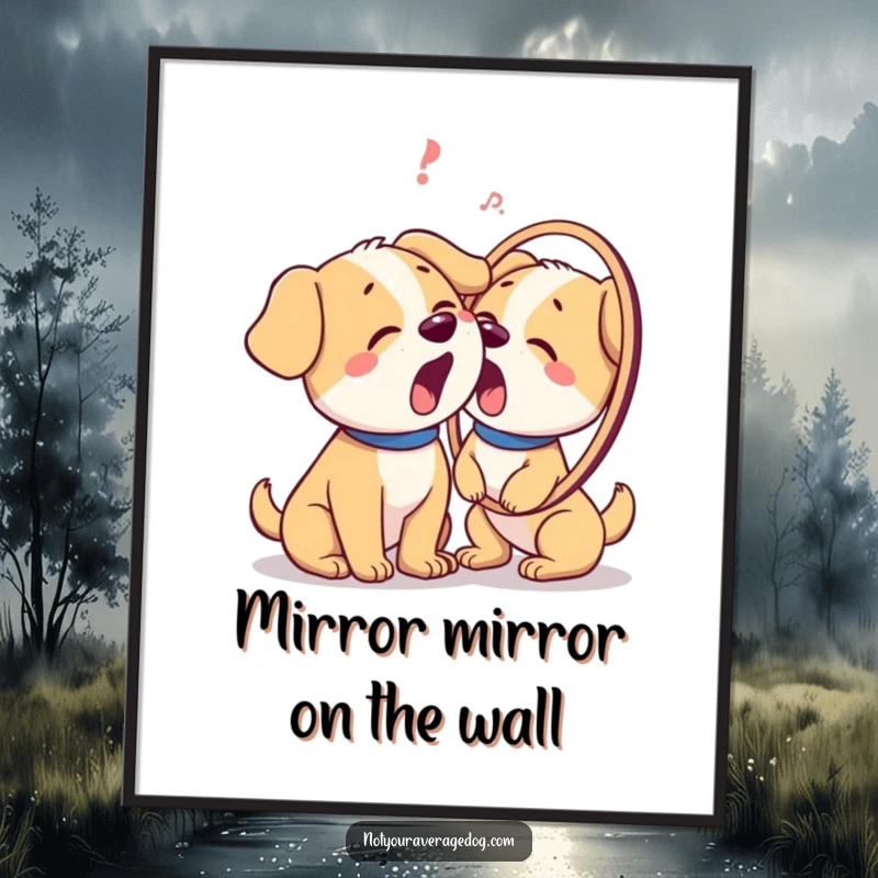 Funny Free Printable Wall Art: A dog barking in confusion at its own reflection, adding a touch of humor to any room.