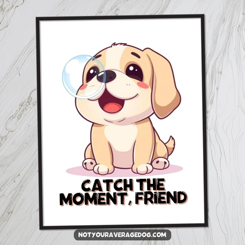 Funny Free Printable Wall Art of a dog playfully chasing and trying to catch a soap bubble with its nose. Quirky downloadable art.