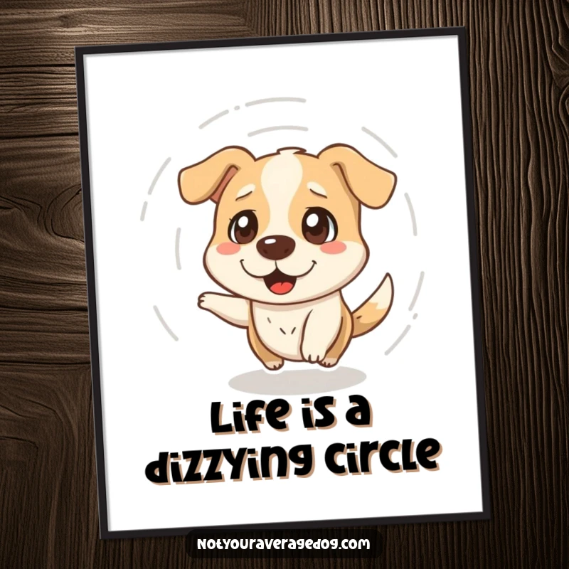 Funny Free Printable Wall Art of a dazed dog spinning in circles, creating a humorous visual. Quirky downloadable art.