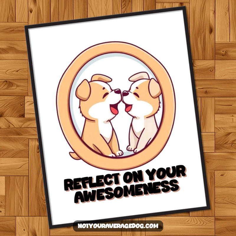 Funny Free Printable Wall Art of a dog comically barking at its distorted reflection in a funhouse mirror. Quirky downloadable art.