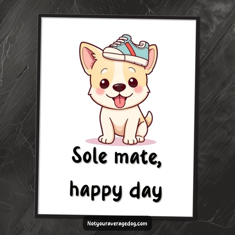 Funny Free Printable Wall Art showcasing a comical dog balancing a tiny shoe on its head as a hat.